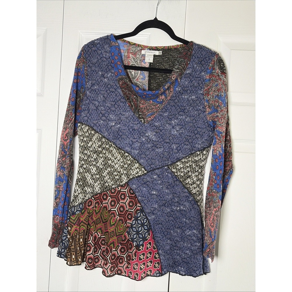 Feratelli Patchwork Cowl Neck Top Womens Size S Blue Paisley Knit Y2K Boho L/S